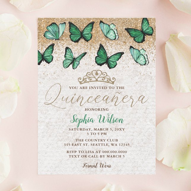 Emerald Grönt Guld Glitter Butterfly Quinceañera Inbjudningar (Emerald Green Gold Glitter Butterfly Quinceañera Invitation)