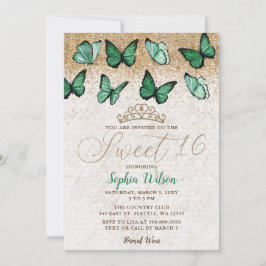 Emerald Grönt Guld Glitter Butterfly Sweet 16 Inbjudningar