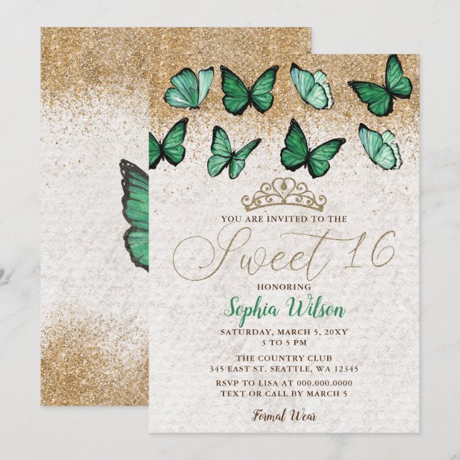 Emerald Grönt Guld Glitter Butterfly Sweet 16 Inbjudningar (Fram/baksida)