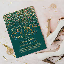 Emerald Grönt Guld Glitter Fringe Curtain Sweet 16 Inbjudningar