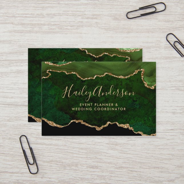 Emerald Grönt Guld Glitter Watercolor Gilded Agate Visitkort (Fram/Back In Situ)