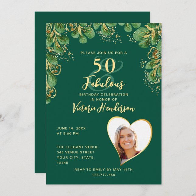 Emerald Grönt & Guld Greenery 50 & Fab Birthday Inbjudningar (Fram/baksida)
