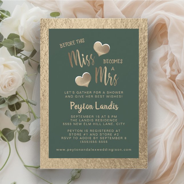 Emerald Grönt Guld Hearts Miss Mrs Möhippa Inbjudningar (Miss to Mrs. emerald green and gold bridal shower invitation)