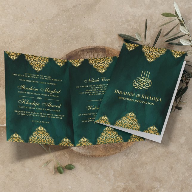 Emerald Grönt Guld Islamic Motif Muslim Bröllop Inbjudan (Skapare uppladdad)
