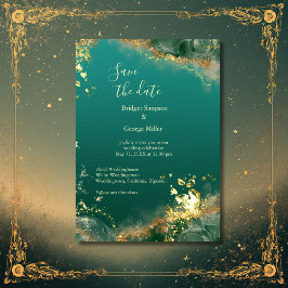 Emerald grönt guld jewel bröllop säkra datumet inbjudningar