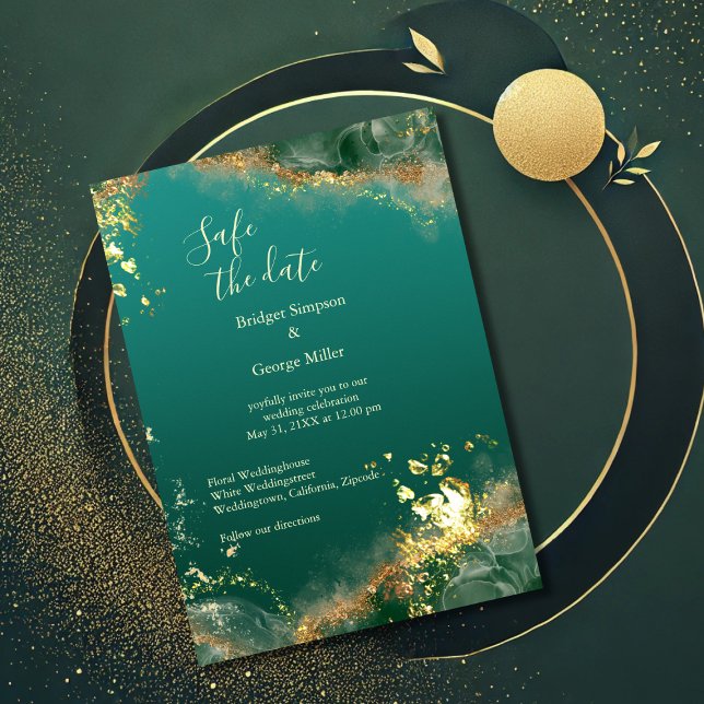 Emerald grönt guld jewel bröllop säkra datumet inbjudningar (Skapare uppladdad)