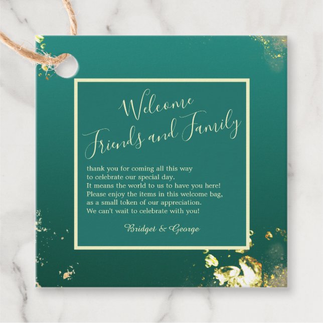 Emerald grönt guld jewel tones bröllop gåvor etiketter (Framsida)