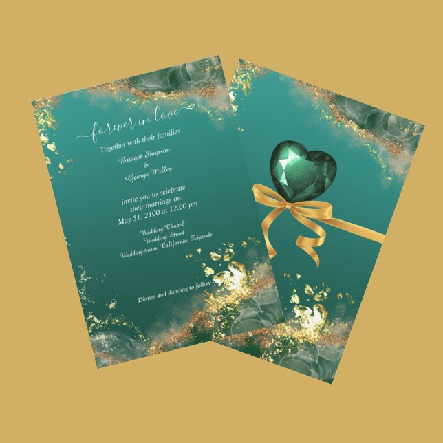 Emerald grönt guld jewel tones bröllopsinbjudan inbjudningar (Emerald green gold indian jewel tones wedding Invitation
(front & back))