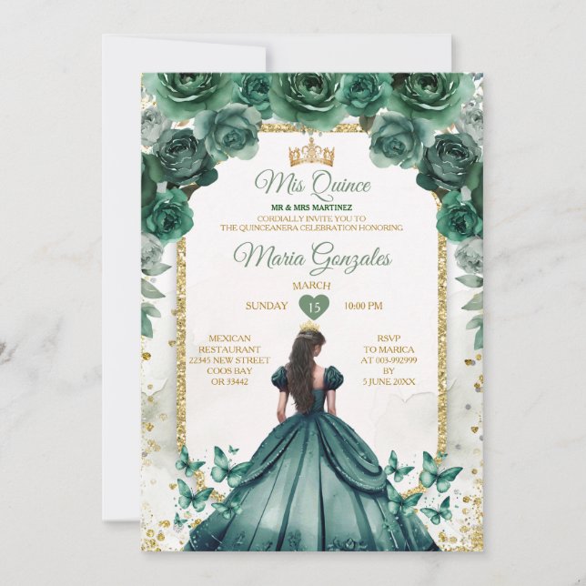 Emerald Grönt & Guld Krona Mis Quince Butterfly Inbjudningar (Framsida)