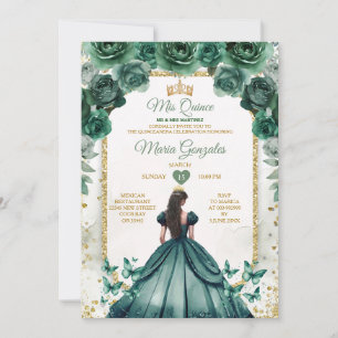Emerald Grönt & Guld Krona Mis Quince Butterfly Inbjudningar