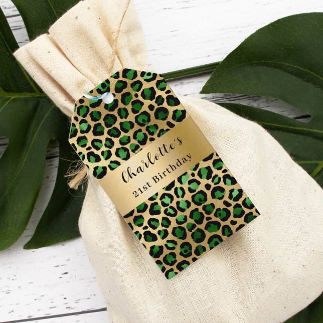Emerald grönt guld leopard födelsedag presentetikett (Skapare uppladdad)