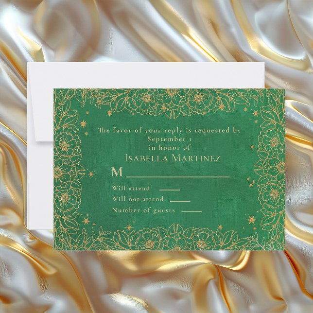Emerald Grönt Guld Line Art Blommigt Quinceañera OSA Kort (Elegant emerald green and gold floral Quinceñera RSVP response card)