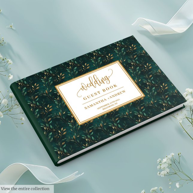 Emerald grönt guld löv bröllop gäst bok (Emerald green gold leaves wedding guest book for love

)