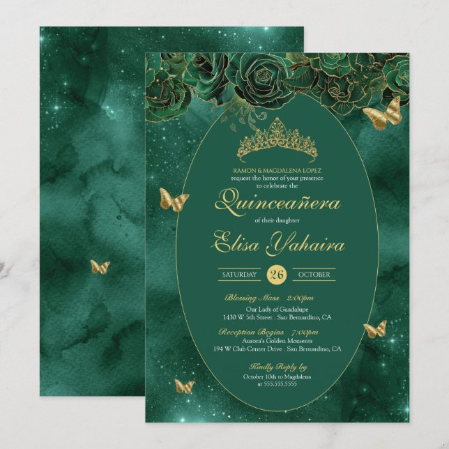 Emerald Grönt Guld Luxury Butterfly Quinceanera Inbjudningar (Fram/baksida)