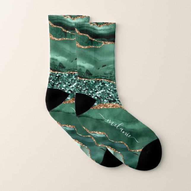Emerald Grönt Guld Marble Socks med eget namn Strumpor (Par)