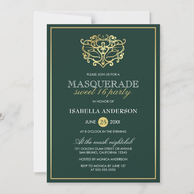 Emerald Grönt & Guld Masquerad Sweet 16 Party Magnetisk Inbjudningskort (Framsida)