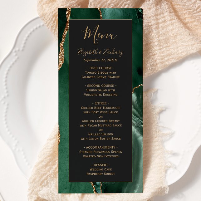 Emerald Grönt Guld Mörk Bröllop Menu Meny (Skapare uppladdad)