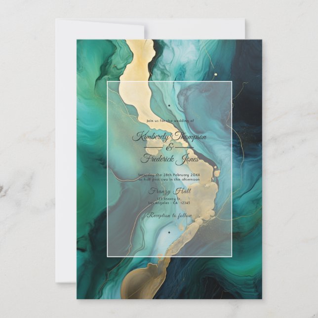 Emerald Grönt, Guld och Svarta Bläck Bröllop Inbjudningar (Framsida)