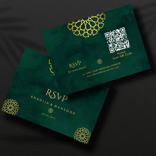 Emerald Grönt Guld Ornate QR-kod Bröllop OSA Tilläggskort (Skapare uppladdad)
