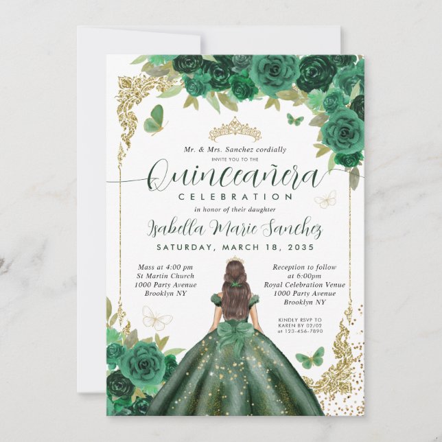 Emerald Grönt Guld Princess Blommigt Quinceañera Inbjudningar (Framsida)