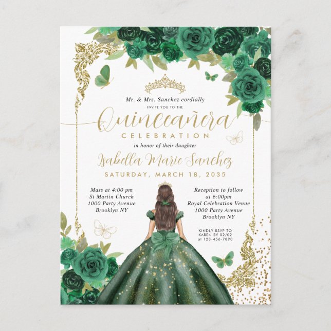 Emerald Grönt Guld Princess Blommigt Quinceañera Vykort (Framsida)