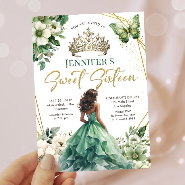 Emerald Grönt Guld Princess Tiara Blommigt Sweet 1 Inbjudningar (Skapare uppladdad)