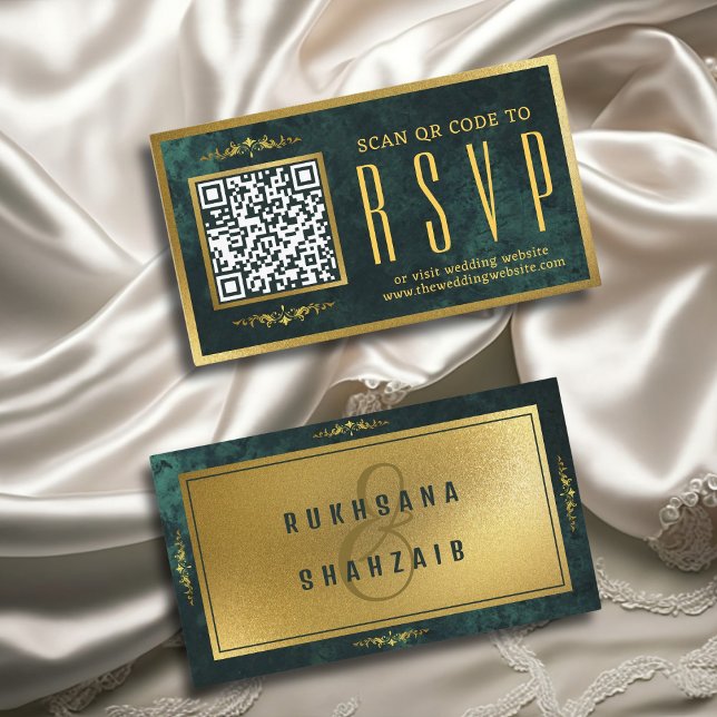 Emerald Grönt Guld QR Code OSA Bröllop webbplats Tilläggskort (Skapare uppladdad)