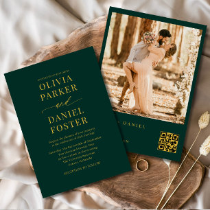 Emerald Grönt Guld QR-kod Foto Elegant bröllop Inbjudningar