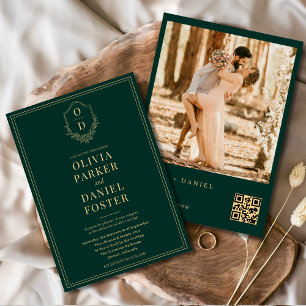Emerald Grönt Guld QR-Vapensköld Foto Bröllop Inbjudningar