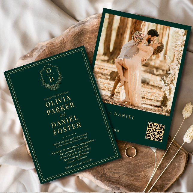 Emerald Grönt Guld QR-Vapensköld Foto Bröllop Inbjudningar (Skapare uppladdad)