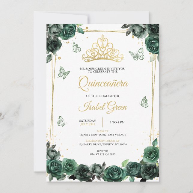 Emerald Grönt Guld Quinceañera Inbjudningar (Framsida)