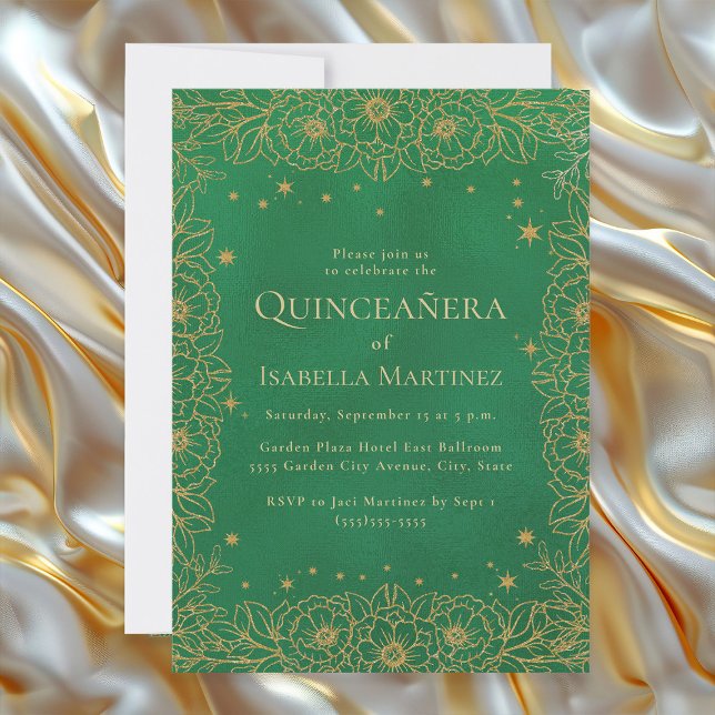 Emerald Grönt Guld Quinceañera Sweet 15 Inbjudningar (Elegant emerald green and gold floral Quinceañera invitation)