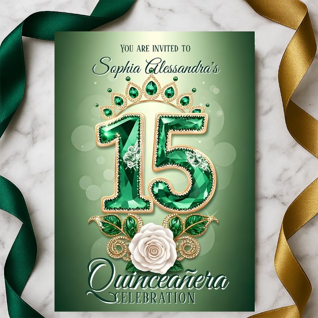 Emerald Grönt & Guld Regal Tiara Ro Quinceañera Inbjudningar (Skapare uppladdad)