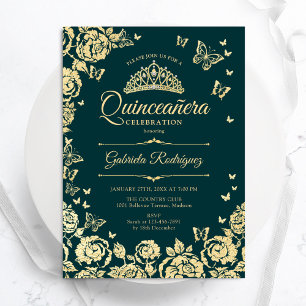 Emerald Grönt Guld Ro Butterflies Quinceanera Inbjudningar