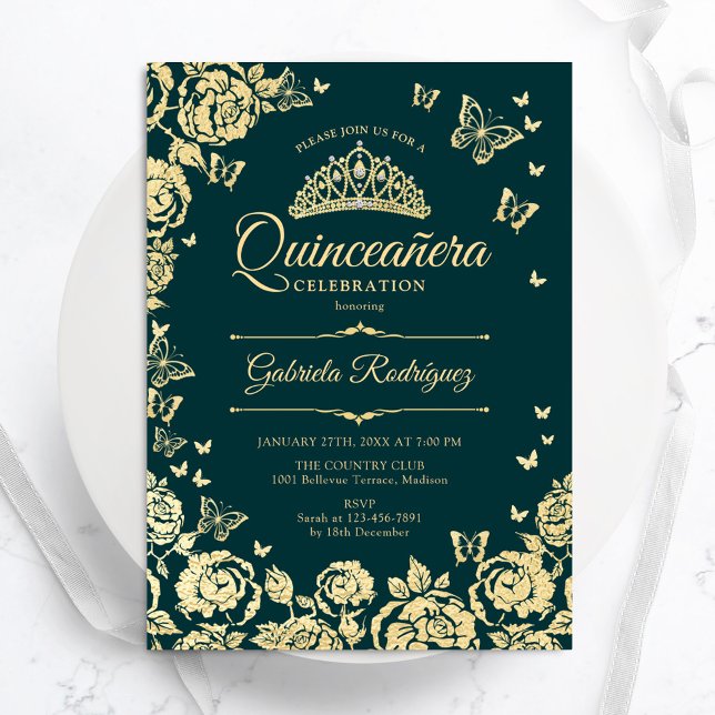 Emerald Grönt Guld Ro Butterflies Quinceanera Inbjudningar (Skapare uppladdad)