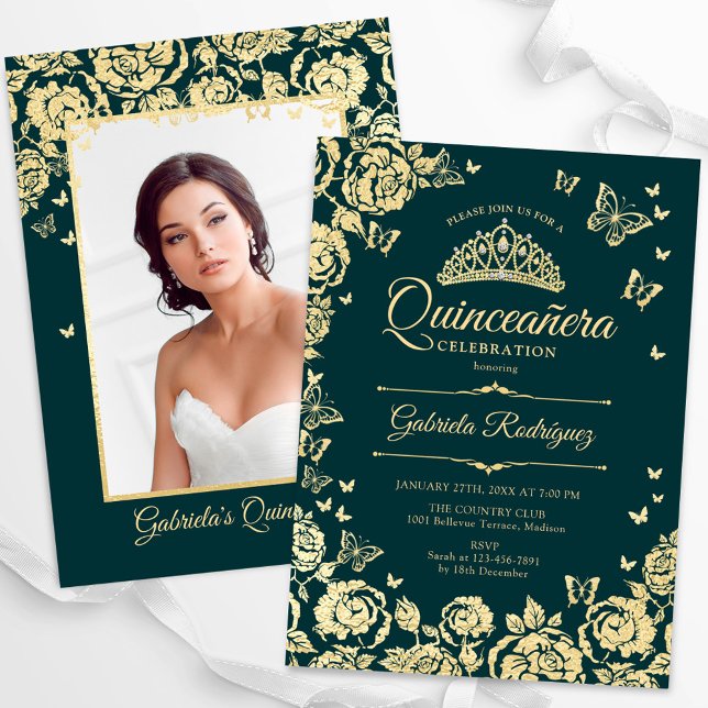 Emerald Grönt Guld Ro Quinceanera Photo Inbjudningar (Skapare uppladdad)