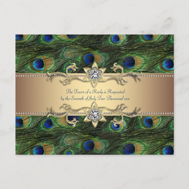 Emerald Grönt Guld Royal Indian Peacock Bröllop Inbjudan Vykort (Framsida)
