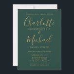 Emerald Grönt Guld Skriptbröllop - inbjudan<br><div class="desc">Den här inbjudan från elegant bröllop som namnteckning stil namn kan vara personlig med dina uppgifter i chic guld-brev på en bakgrundsbild av en nödställd grönt. Designad av Thisisnotme©</div>