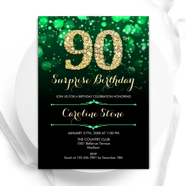 Emerald Grönt Guld Surprise 90:e Birthday Inbjudningar (Skapare uppladdad)