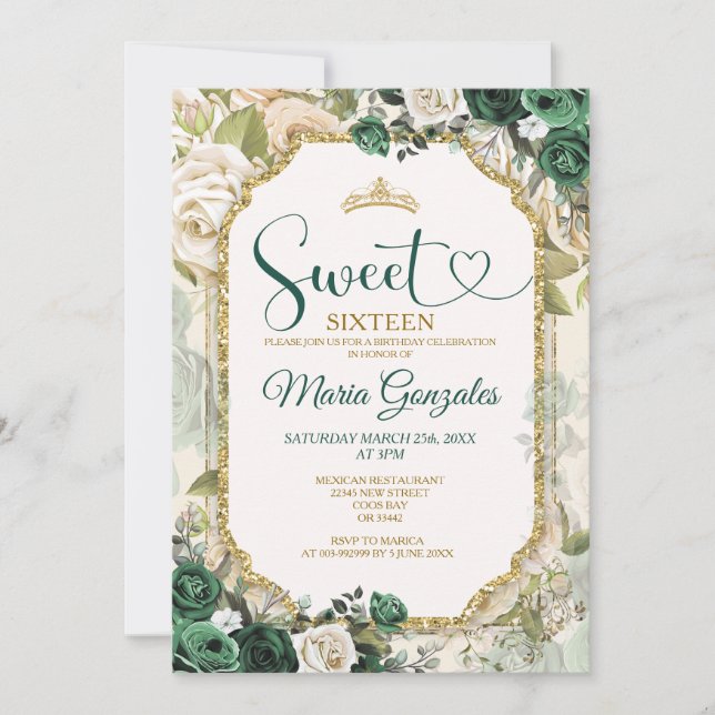 Emerald Grönt & Guld Sweet sixteen Birthday Krona Inbjudningar (Framsida)