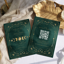 Emerald Grönt Guld Tarot Celestial QR Code Bröllop Inbjudningar
