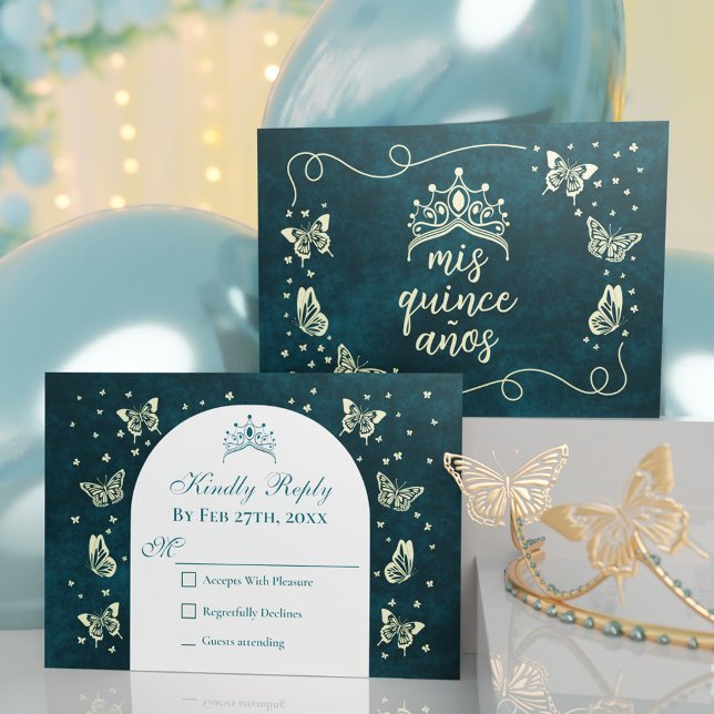 Emerald Grönt Guld Tiara Butterflies Quinceañera OSA Kort (Emerald Green Gold Tiara Butterflies Quinceañera RSVP Card)
