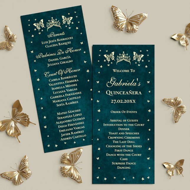 Emerald Grönt Guld Tiara Butterflies Quinceañera Program (Emerald Green Gold Tiara Butterflies Quinceañera Program)
