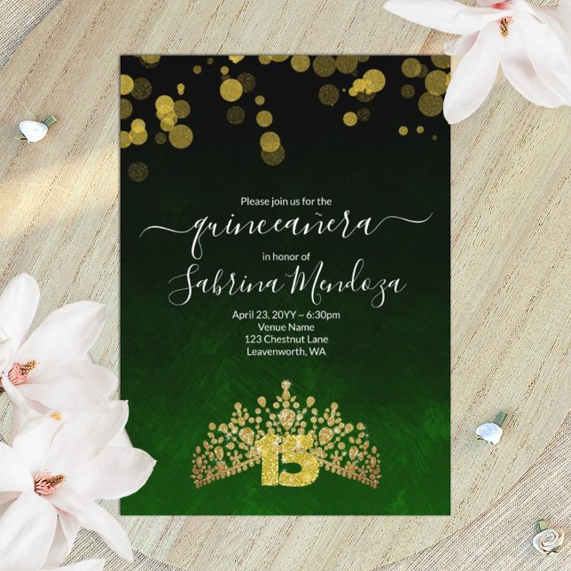 Emerald Grönt, Guld Tiara Quinceanera-inbjudan Inbjudningar (green and gold tiara Quinceanera invitation, gold glitter number 15, emerald green shimmery lights)