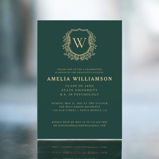 Emerald Grönt Guld Vapensköld Monogram Studentfest Inbjudningar (Skapare uppladdad)