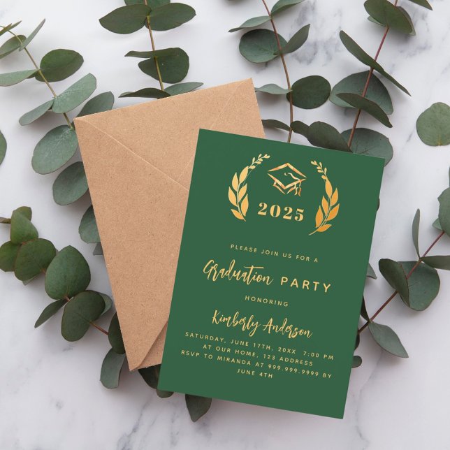 Emerald grönt guld wandeand 2025 Studentfest Inbjudningar (Skapare uppladdad)