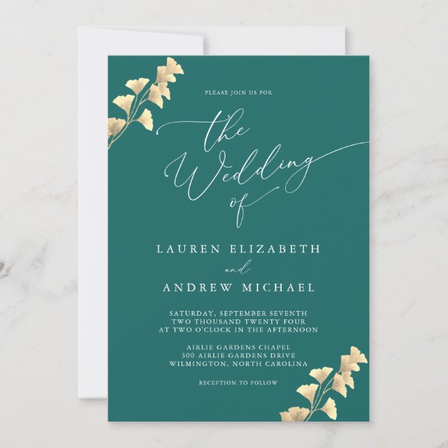 Emerald Grönt & Guld Watercolor Wedding bjudande Inbjudningar (Framsida)