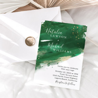Emerald Grönt & Guld Watercolor Wedding bjudande Inbjudningar