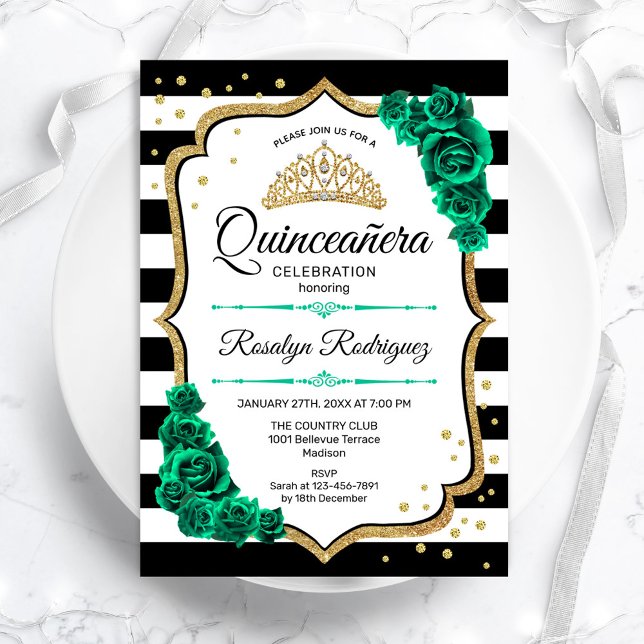 Emerald Grönt Guld White Quinceanera Inbjudningar (Skapare uppladdad)