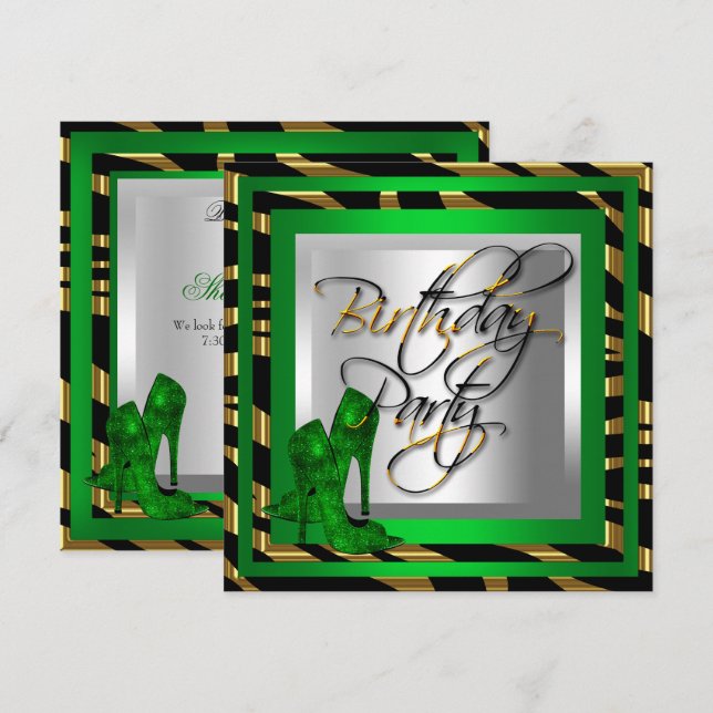 Emerald Grönt Guld Zebra Black High Heel Shoes Inbjudningar (Fram/baksida)